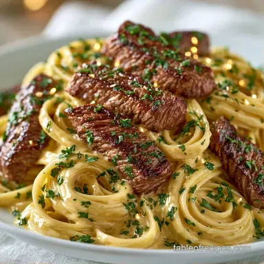 Creamy Steak Fettuccine in 35 Minutes Recipe Card