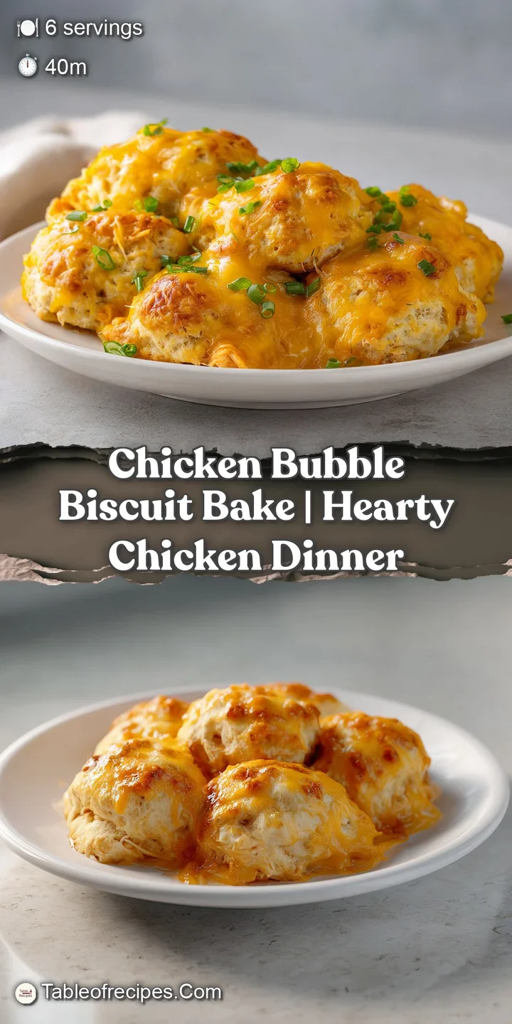 Extreme close-up of a golden, flaky biscuit peak emerging from a thick, velvety cream sauce with tender chicken bits.