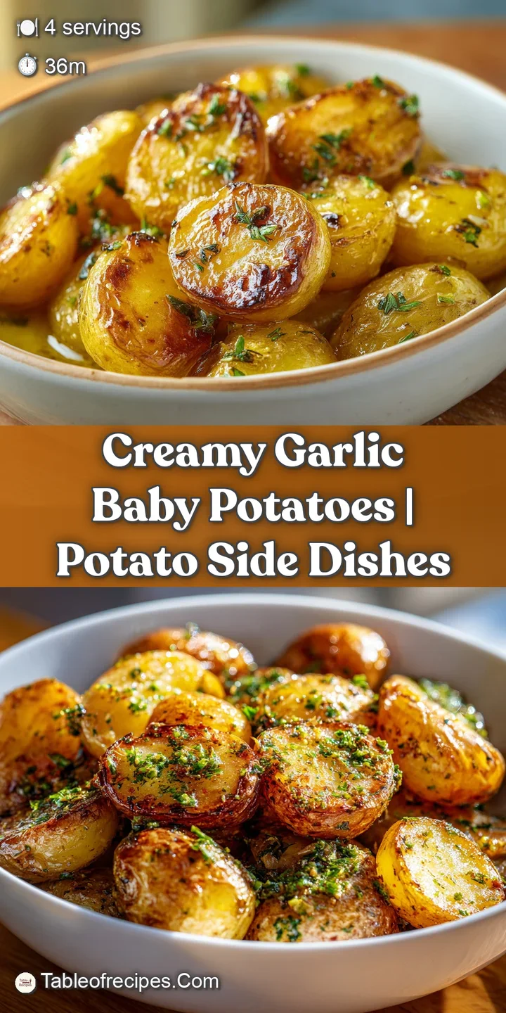 Close-up of golden potatoes coated in a glossy, creamy garlic glaze with toasted garlic bits and fresh herbs.
