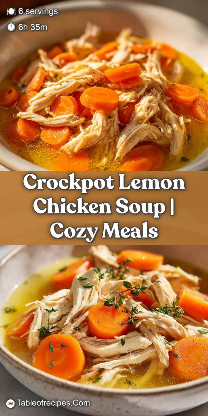 Close-up of tender shredded chicken and vibrant carrots submerged in a rich, creamy, pale yellow lemon broth.