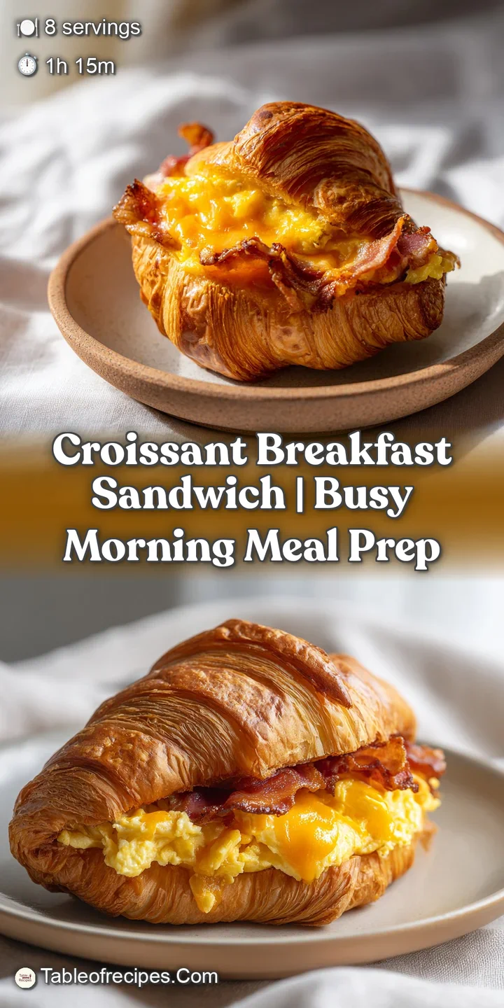 Close-up of flaky, buttery croissant layers with gooey melted cheese and steaming hot, fluffy folded eggs inside.