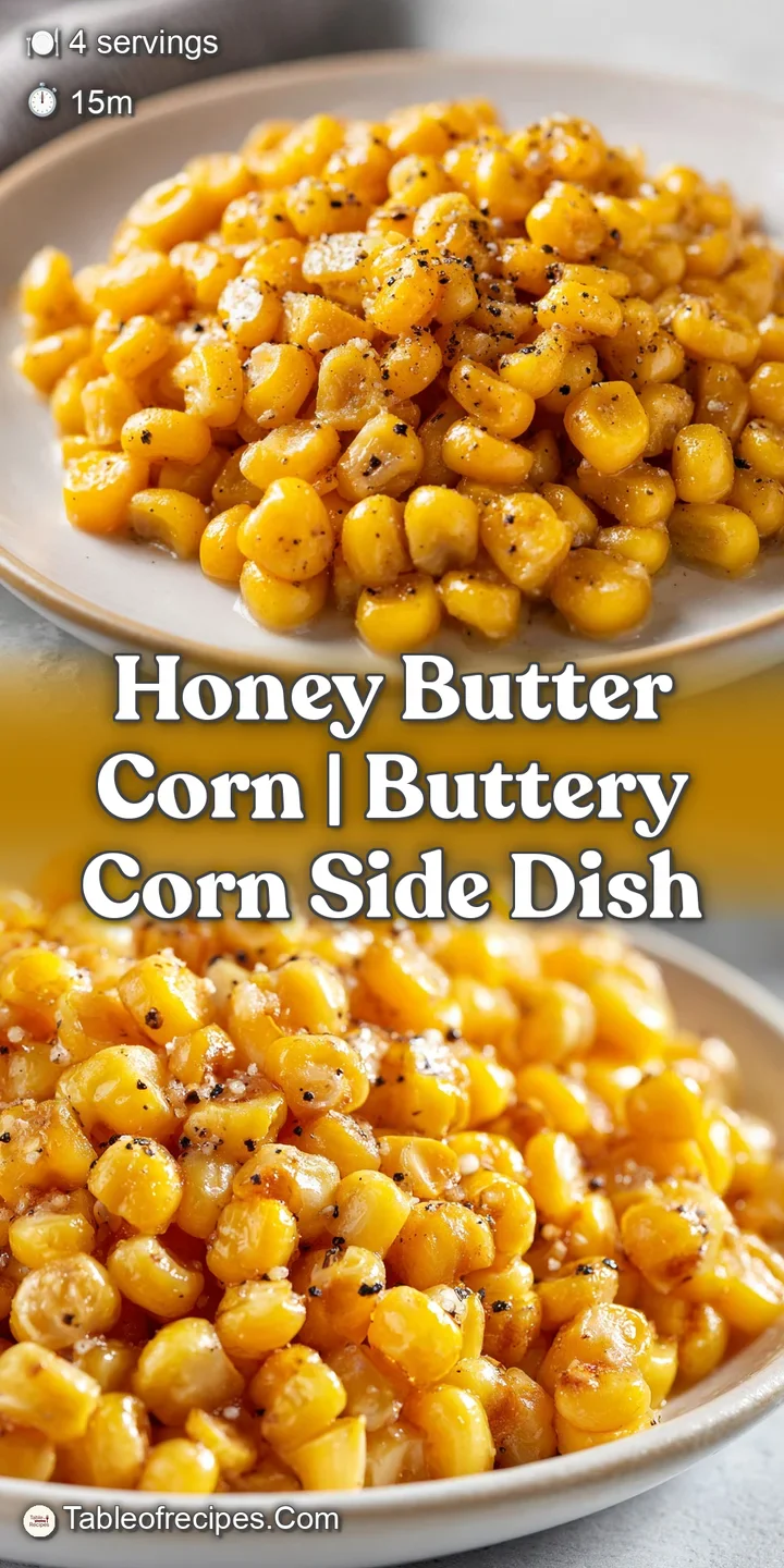 Close-up of juicy, golden corn kernels coated in a glossy honey glaze with shimmering crystals of sea salt.