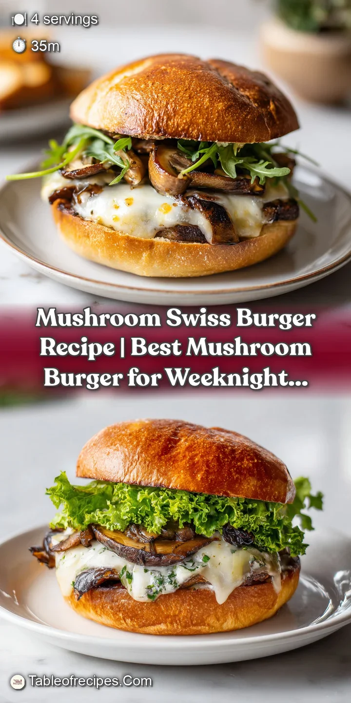 Close-up of a thick, grilled mushroom Swiss burger with gooey melted cheese and fresh toppings.