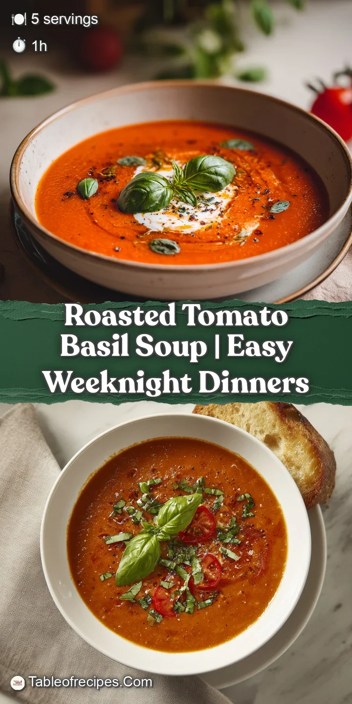 Close-up of bubbling, bright red tomato soup with melted cheese and a sprig of fresh basil.