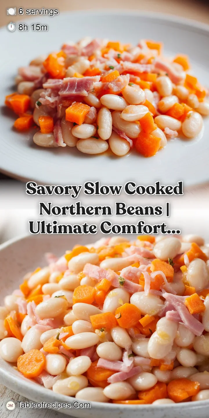 Extreme close-up of buttery, tender white beans glistening in a rich, savory glaze with flecks of cracked black pepper.