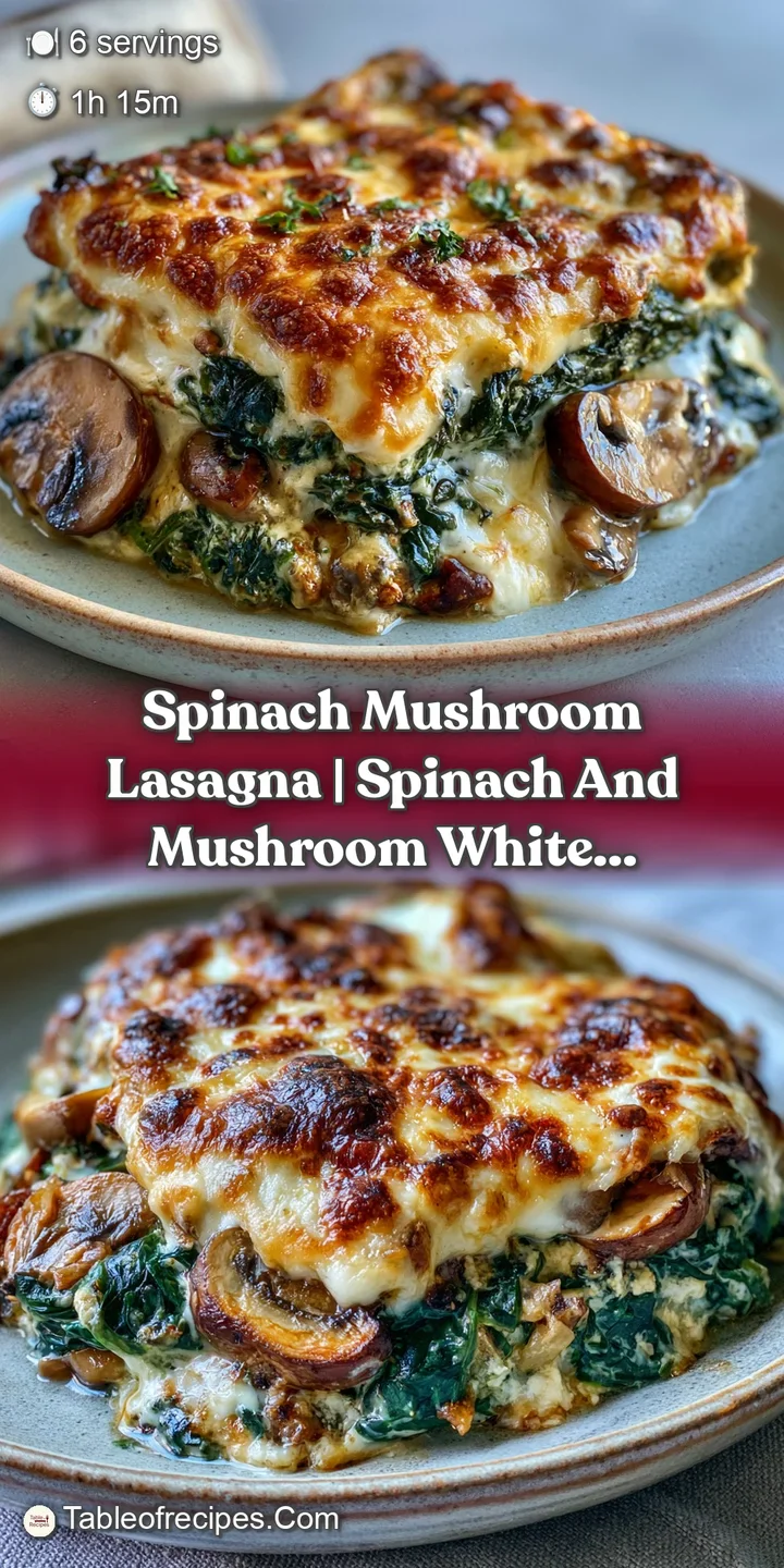 Close-up of molten cheese pulling away from layers of creamy mushroom and spinach sauce with a golden crust