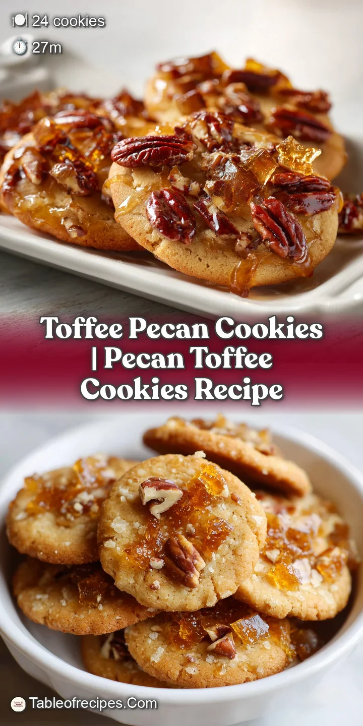 Macro view of a buttery cookie showing crunchy toffee shards and toasted pecan halves in a soft, golden dough.