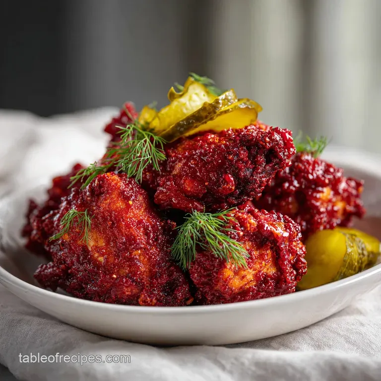Spicy fried chicken breast on a white slice of bread, topped with tart pickles and a side of cool creamy ranch.