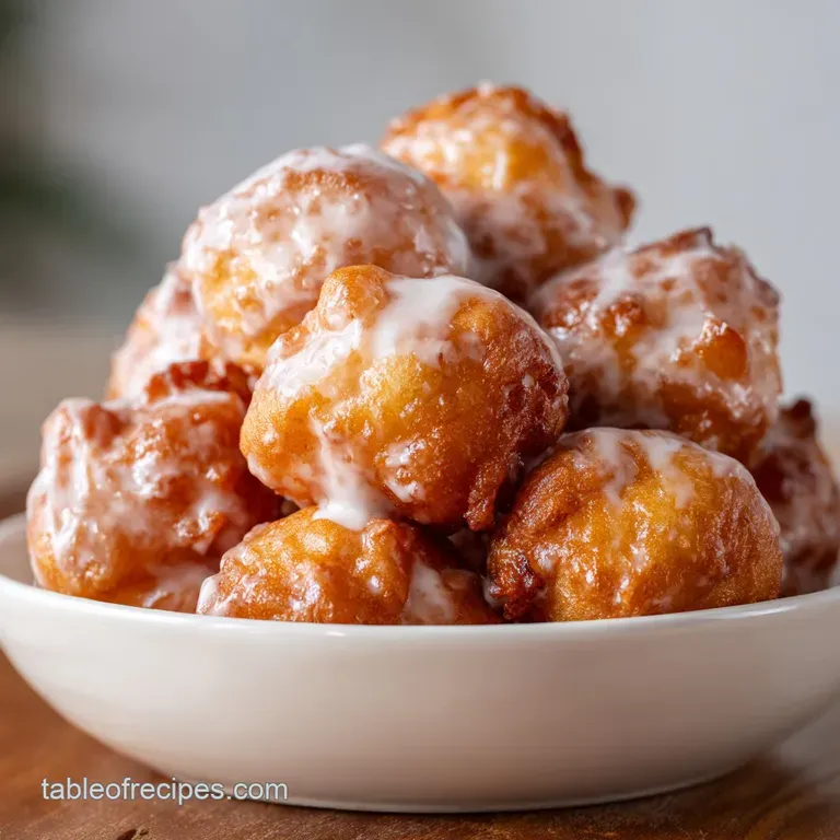 Warm, craggy golden pastries piled on a marble platter with a sprinkle of cinnamon and a side of maple syrup.