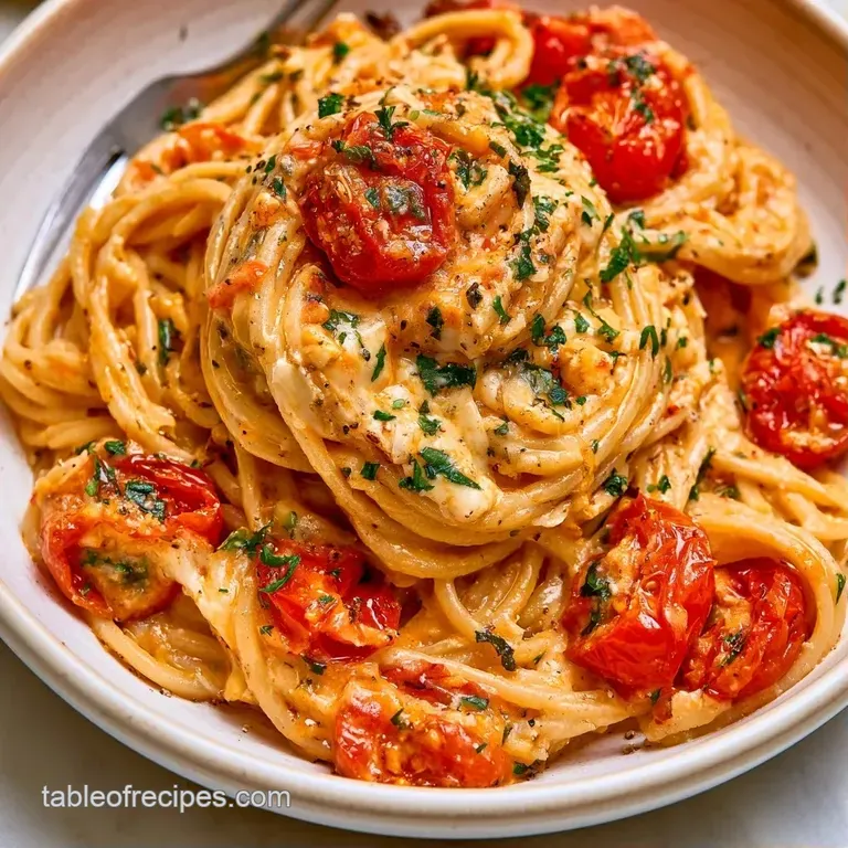 Elegant swirl of pasta coated in a creamy white sauce, garnished with blistered red tomatoes and a sprig of basil