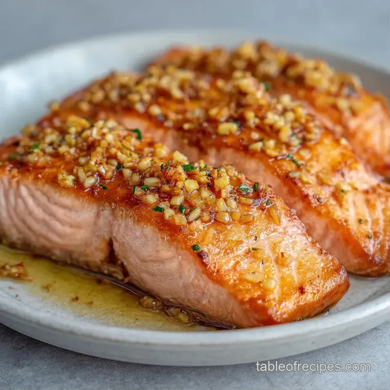 A perfectly seared pink fillet on a white plate with a glossy lemon butter drizzle and fresh green herb sprigs.