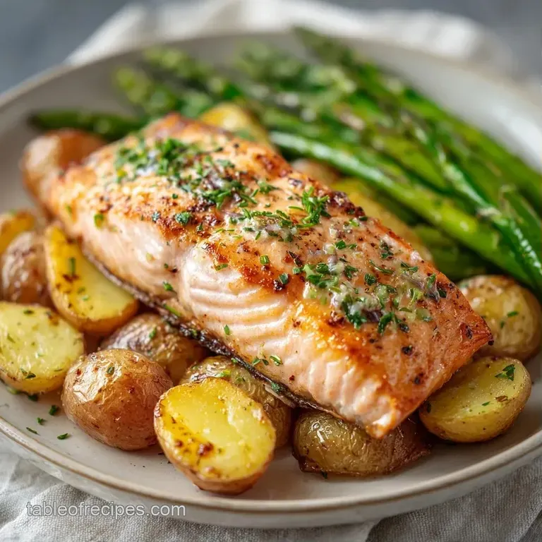 Seared salmon fillet paired with tender green beans and honey-glazed carrots on a minimalist white ceramic plate.