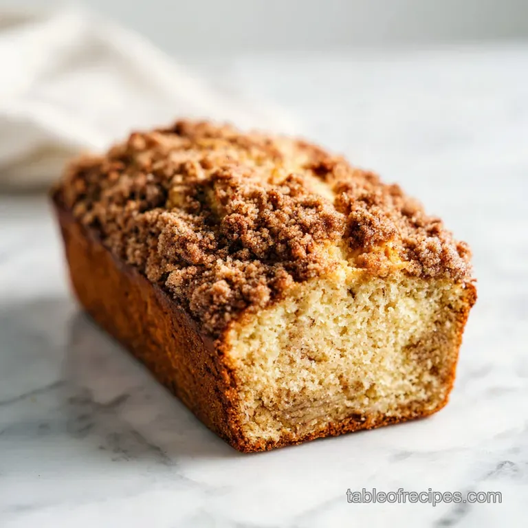A thick slice of warm golden cake topped with sandy cinnamon crumble on a white ceramic plate with a linen napkin.
