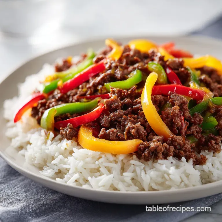 Saut&eacute;ed beef and colorful peppers served in a modern matte bowl, topped with fresh scallions and toasted sesame seeds.