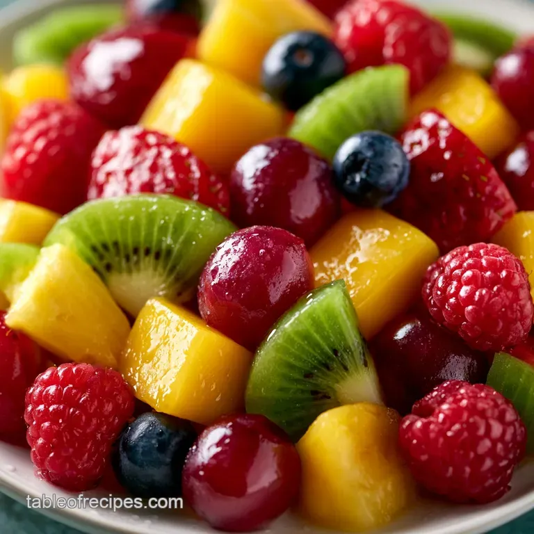 A colorful medley of fresh summer fruits arranged in a clear glass bowl topped with a sprig of fresh green mint.