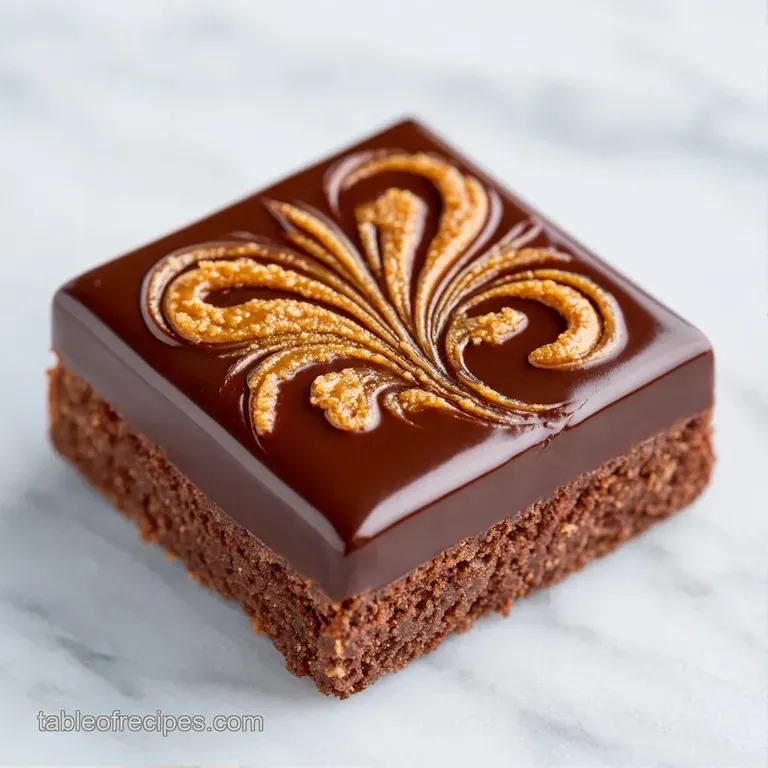 Neatly stacked chocolate squares on a marble slab, topped with smooth tan cream and golden biscuit crumbs.