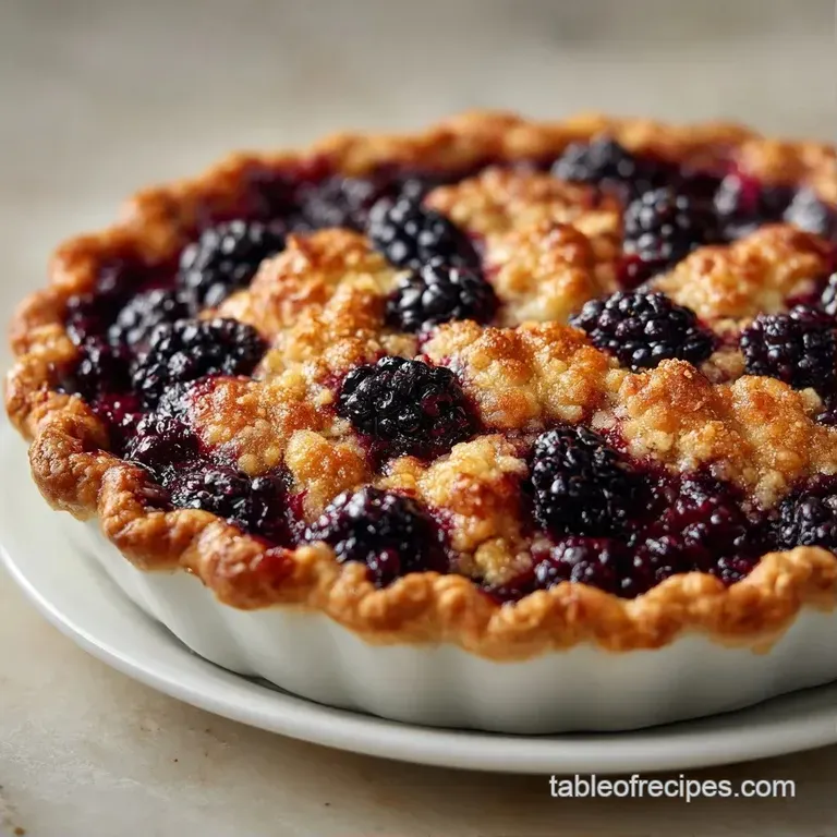 Warm berry dessert slice with a golden crust and melting vanilla ice cream on a clean white ceramic dinner plate.