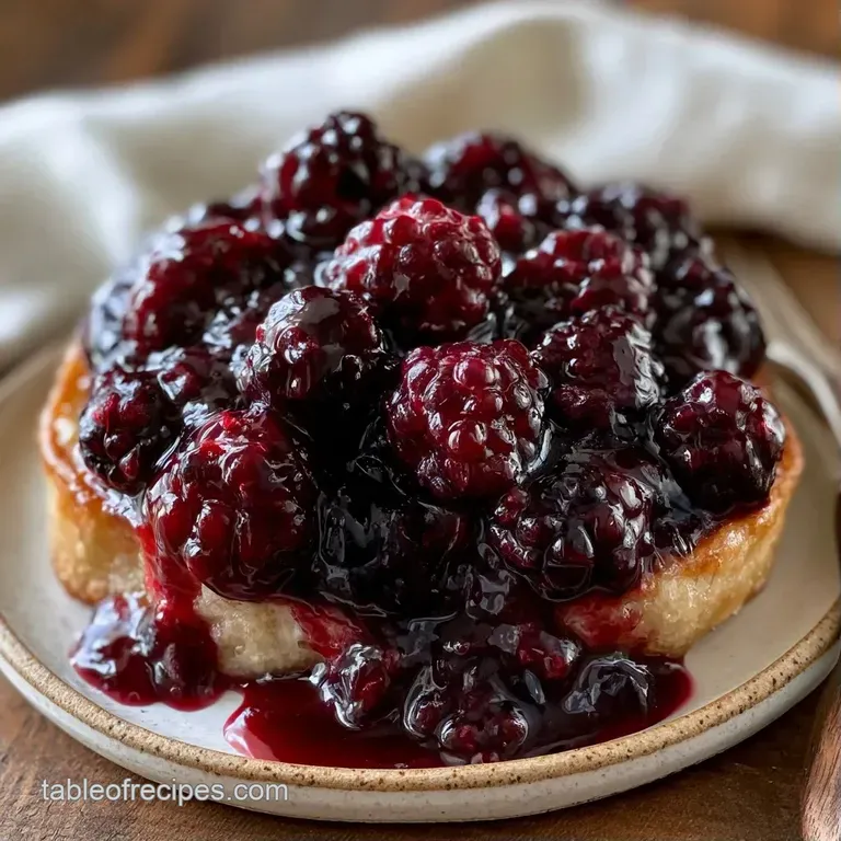 Rich violet berry compote drizzled over a slice of white cake, topped with a mint leaf and a dusting of sugar.