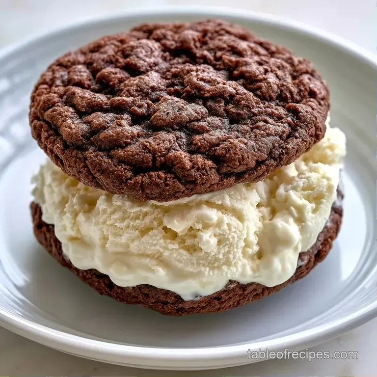 Three chocolate-cookie sandwiches stacked diagonally on a slate board with a drizzle of warm fudge and mint leaves.