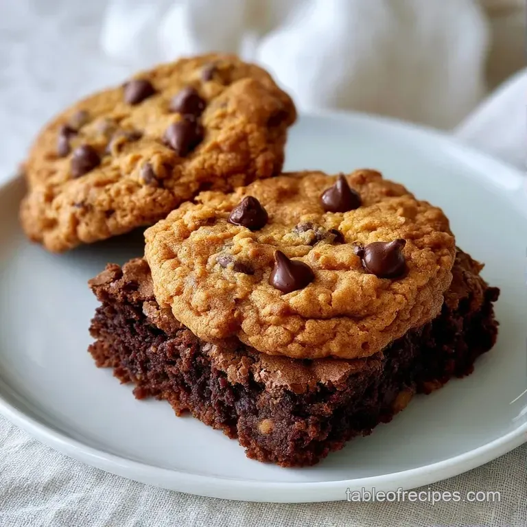A neat stack of chocolate and golden-brown dessert bars on a ceramic plate with a dusting of powdered sugar.