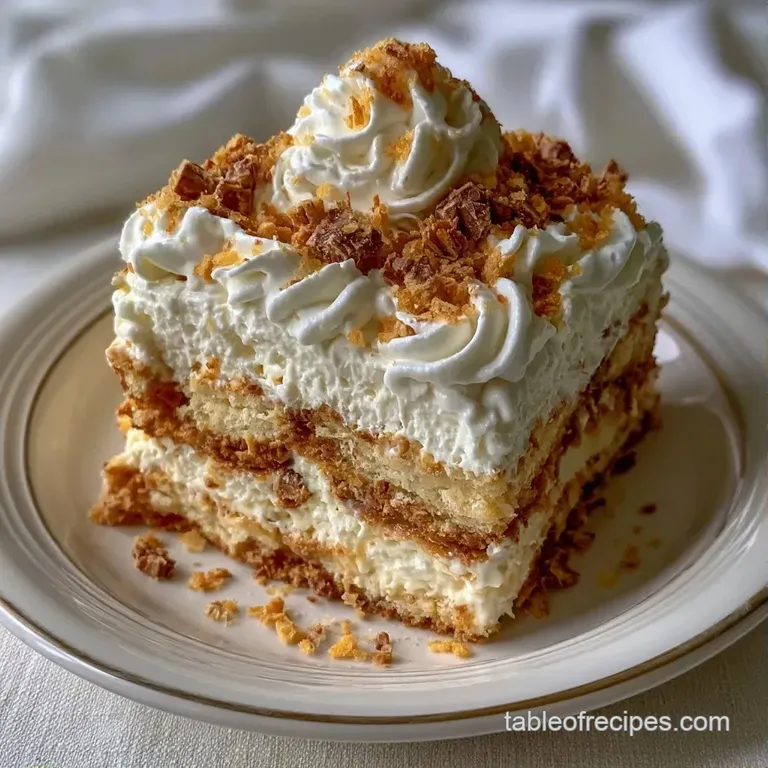 Symmetrical slice of frozen peanut butter cake on a white platter, garnished with whipped cream and candy shards.