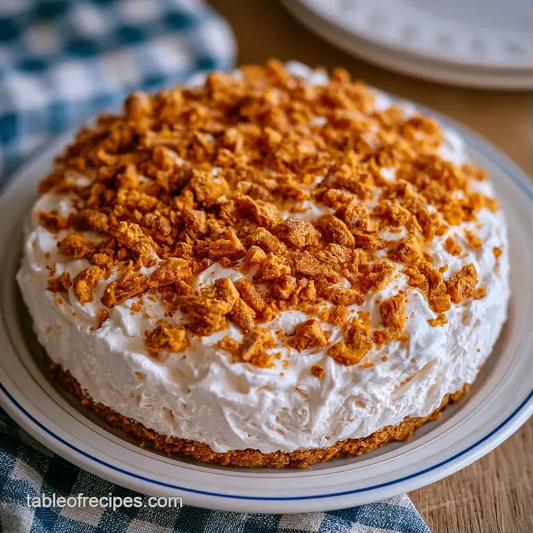 Slices of a layered frozen cake on a marble platter, topped with orange candy crumbles and whipped cream swirls.