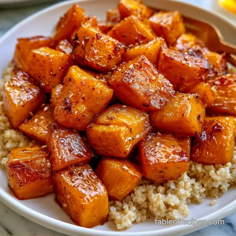 Roasted golden squash and fluffy grains arranged in a ceramic bowl with a drizzle of creamy sauce and pumpkin seeds.