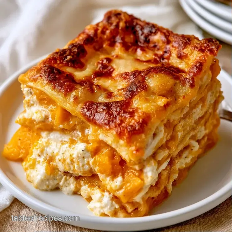 A neat square slice of layered pasta with melted mozzarella and a sprig of fresh sage on a white ceramic plate.