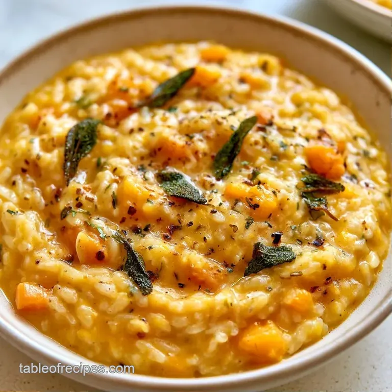 A shallow white ceramic bowl filled with golden-orange pasta, garnished with crispy sage and cracked black pepper.