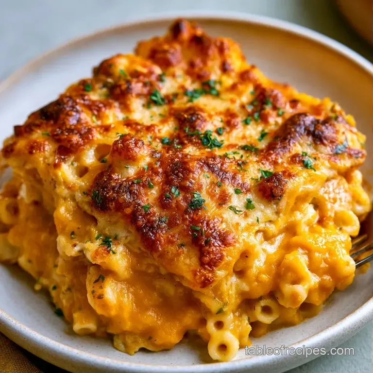 A generous plated scoop of vibrant orange pasta topped with melted mozzarella and a sprinkle of fresh green parsley.