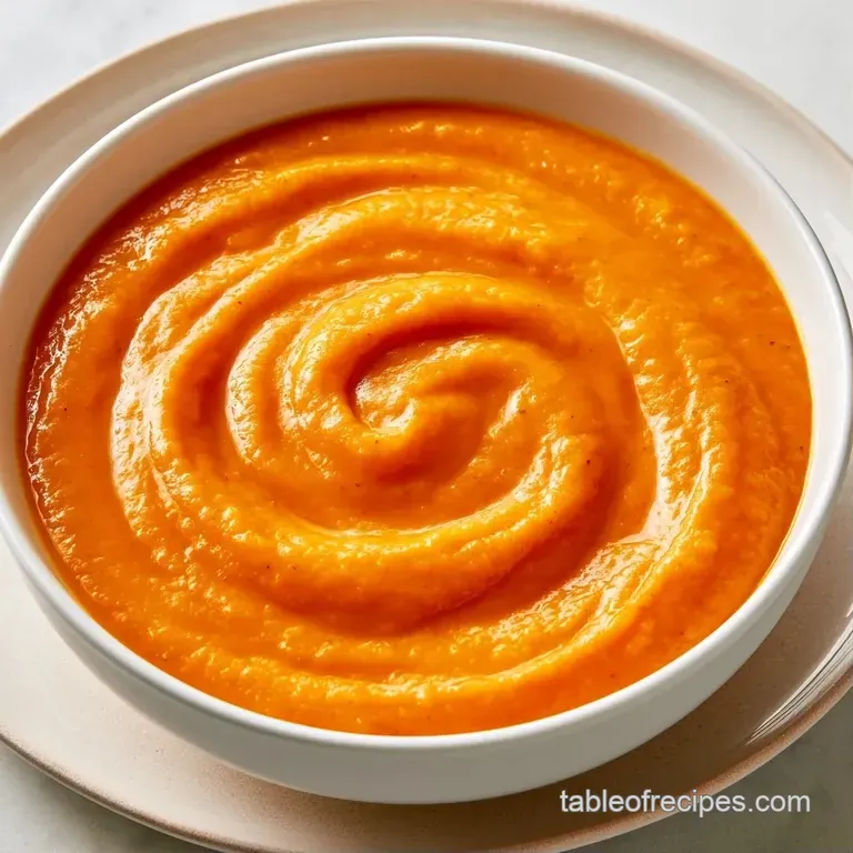 Velvet orange soup in a white ceramic bowl, garnished with fresh thyme and a drizzle of olive oil on a linen cloth.