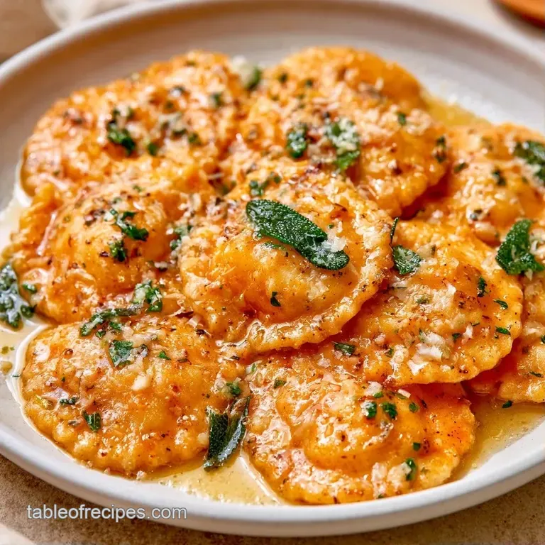 Elegant arrangement of stuffed pasta in a creamy sauce, garnished with fried sage and shaved parmesan.