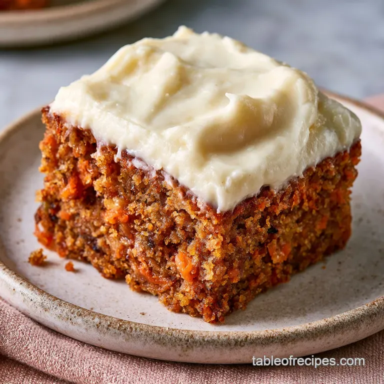 A tiered stack of spiced orange cake squares topped with smooth white frosting on a modern marble surface.