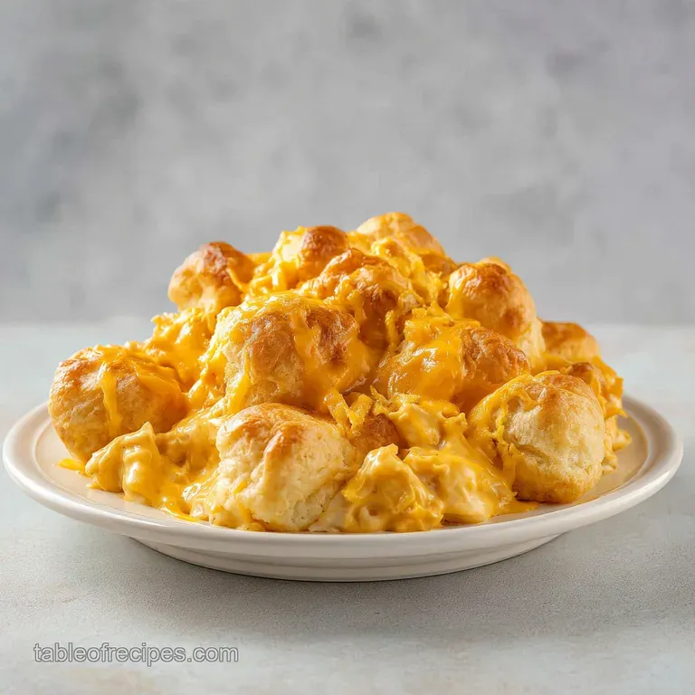 A ceramic baking dish filled with bubbling creamy chicken topped with toasted, rounded golden biscuits and fresh parsley.