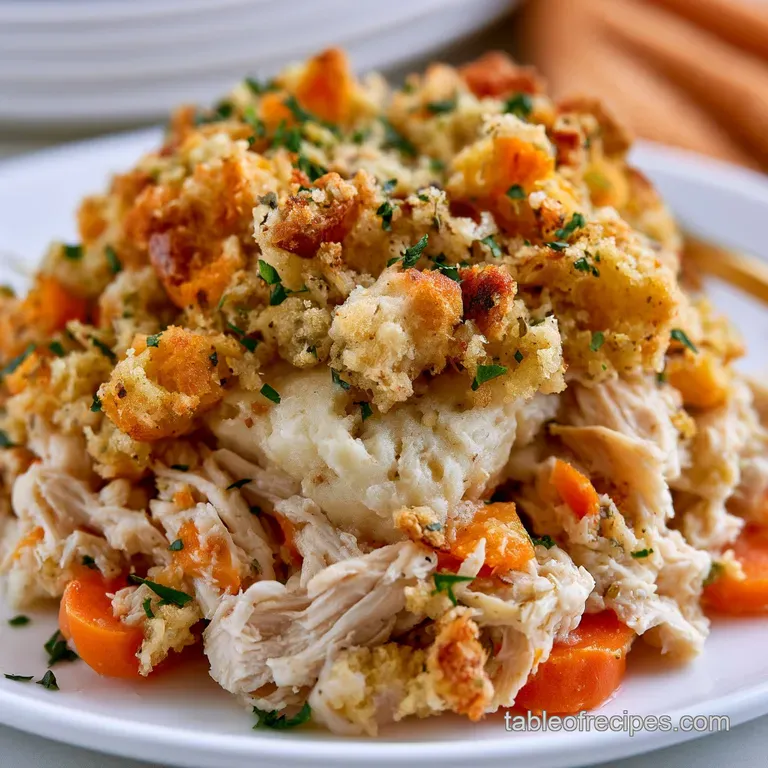 A neat square portion of creamy chicken and savory stuffing on a white plate, garnished with a sprig of fresh parsley.