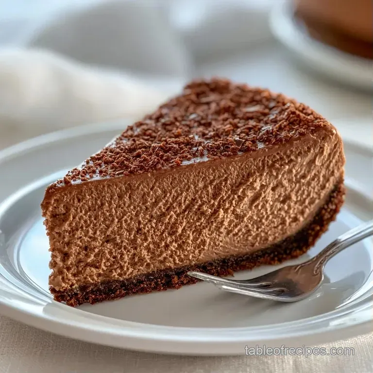 Slice of rich frozen chocolate cake on a white plate with a swirl of cream and a fresh red raspberry.