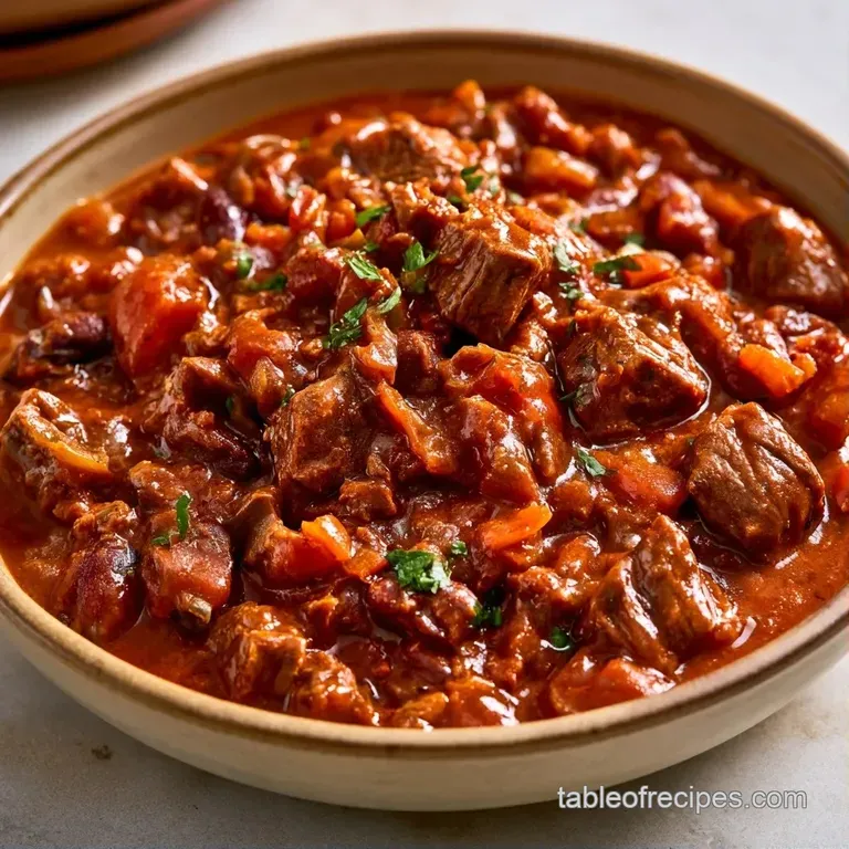 Deep red stew in a ceramic bowl topped with a dollop of white cream and a sprinkle of bright green cilantro.