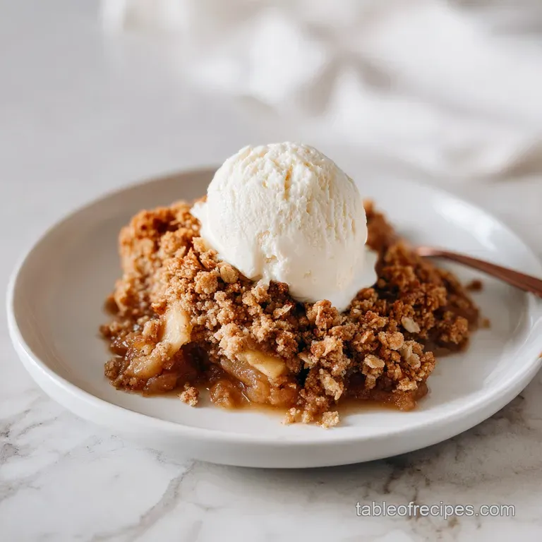 A scoop of bubbling apple crisp, topped with melting vanilla ice cream, on a white plate.