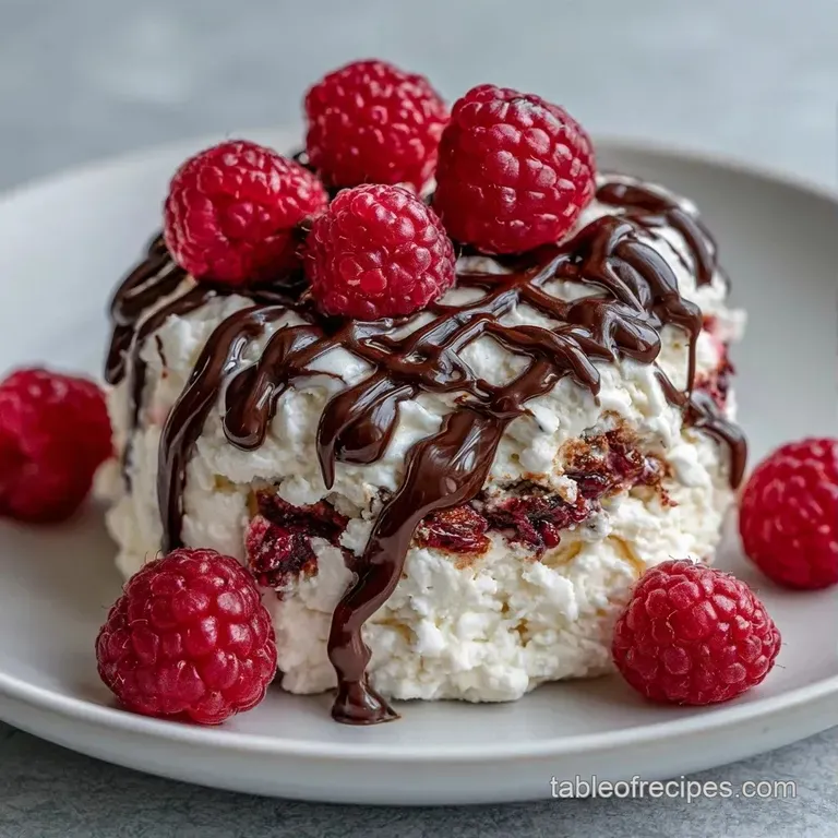 A clean slice of layered frozen cake on a white porcelain plate, topped with a swirl of whipped cream and a cherry