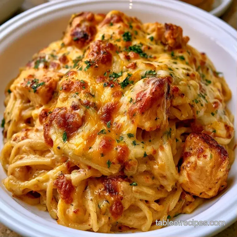 Swirled creamy pasta with golden cheese and tender chicken chunks served on a clean white porcelain dinner plate.