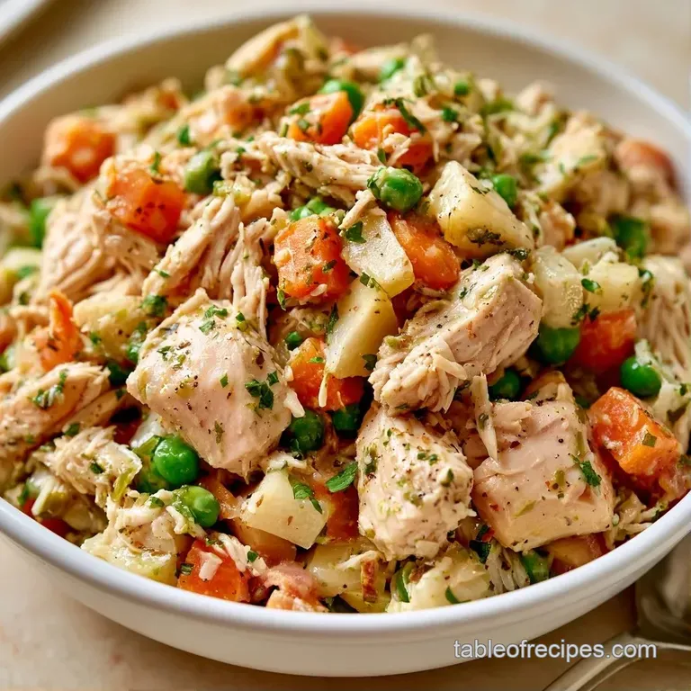 Elegant portion of creamy chicken and autumn vegetables on a white ceramic plate garnished with fresh green herbs.