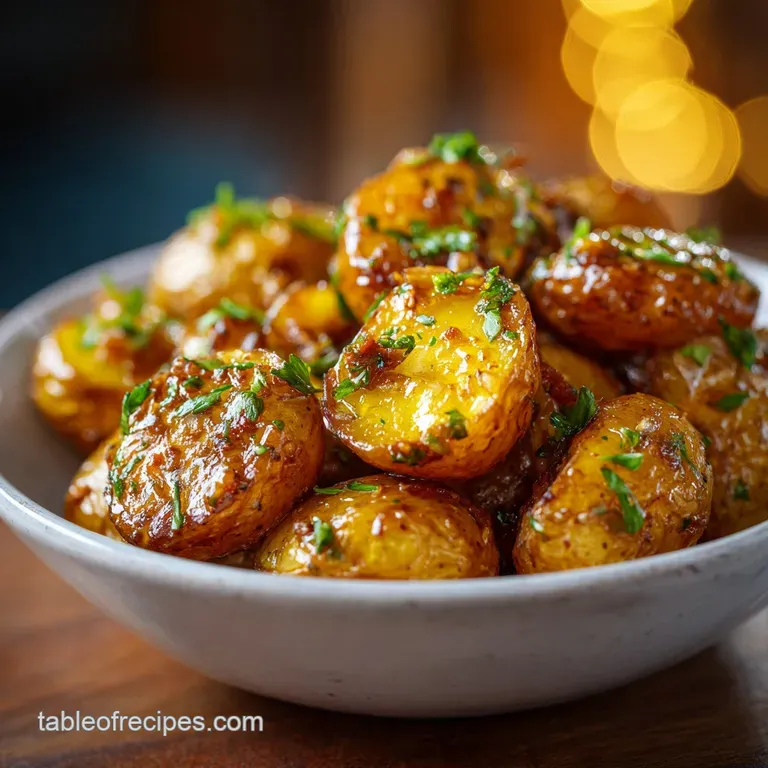 Tender roasted potatoes in a white ceramic bowl, draped in a velvety garlic sauce and garnished with herbs.