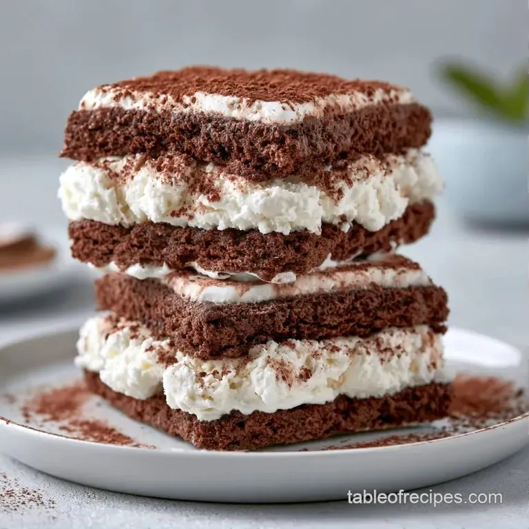 Chilled dessert stacks on a white marble platter, drizzled with dark chocolate and garnished with a fresh mint leaf.