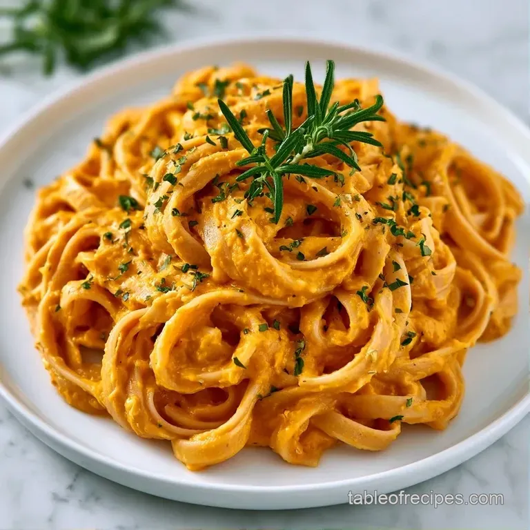 A shallow bowl of golden pasta coated in a rich, silky sauce, finished with toasted seeds and cracked black pepper.