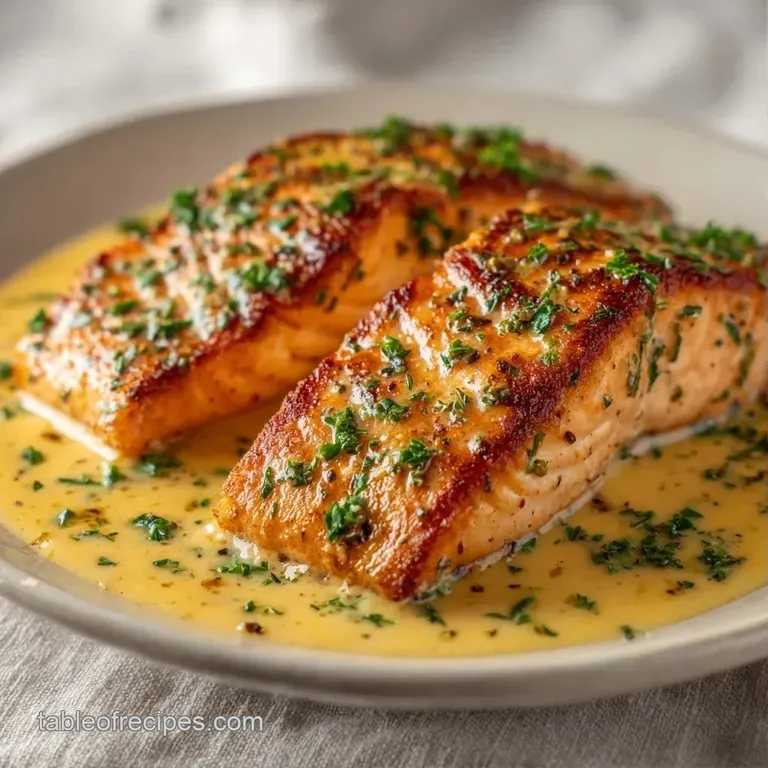 Elegant seared salmon resting in a pool of silken cream sauce on a white plate, accented with a bright lemon wedge.
