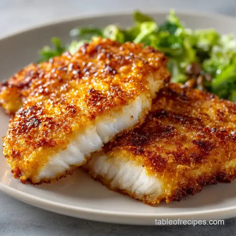 Seared golden fillet plated on a ceramic white dish with a drizzle of butter sauce and microgreens garnish.