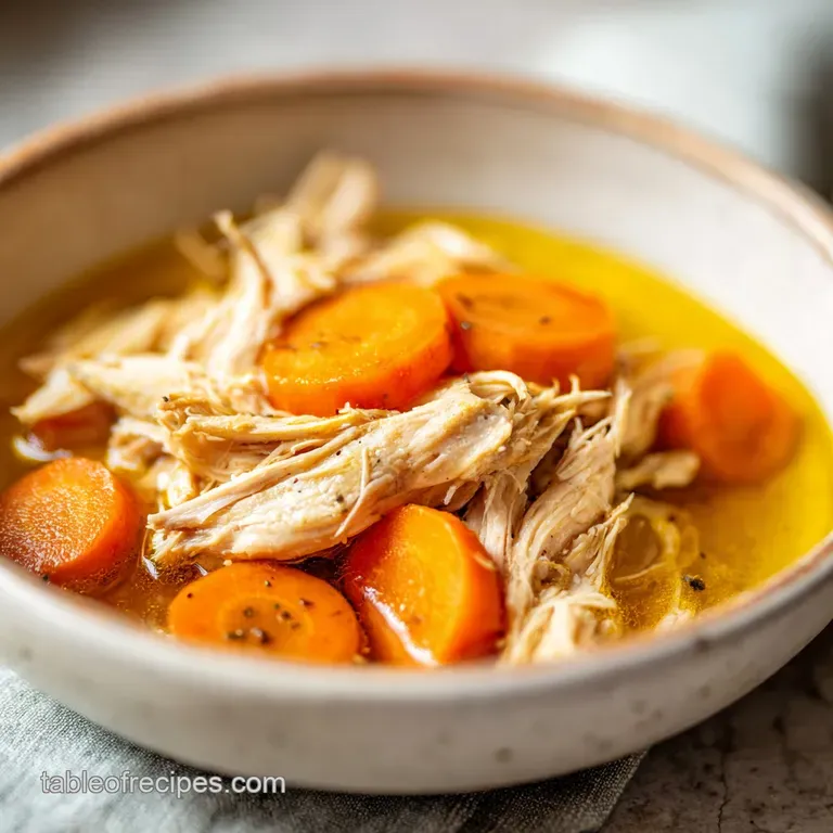 White ceramic bowl of golden chicken soup topped with fresh parsley and a lemon slice on a soft linen napkin.
