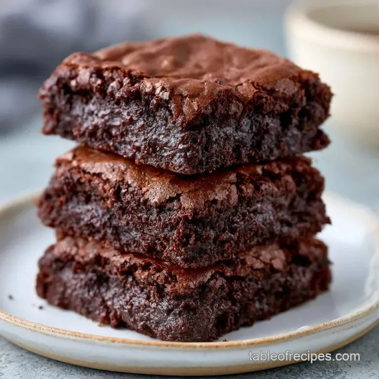 Two squares of rich, dark chocolate treats stacked on a white plate, dusted with fine brown cocoa powder.