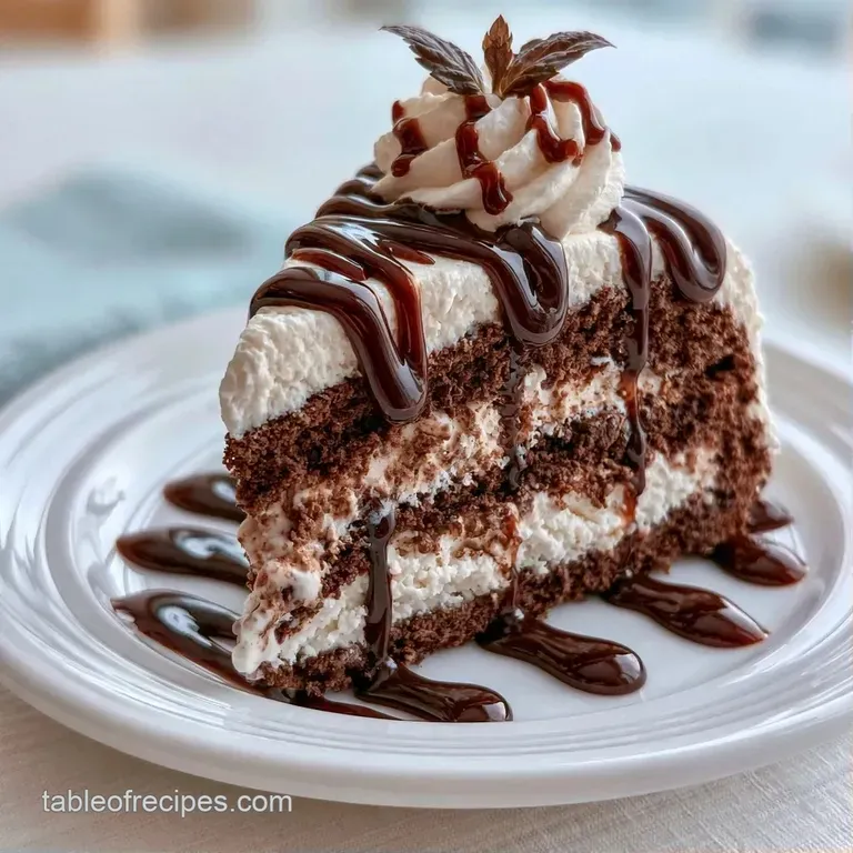 A frosty cake slice on a white ceramic plate, drizzled with glossy chocolate syrup and topped with a bright red cherry.