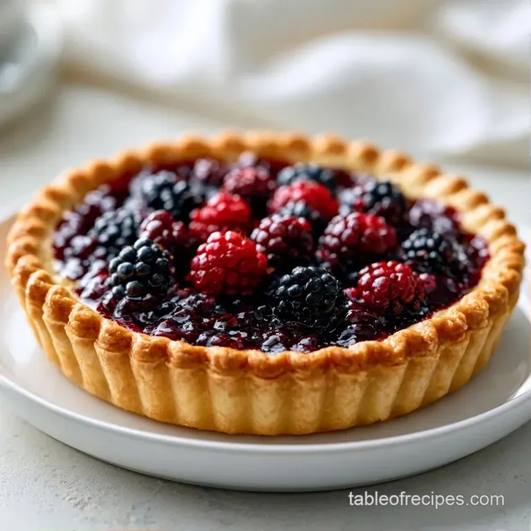 A slice of warm fruit dessert with a golden crust and melting vanilla ice cream on a white ceramic plate.